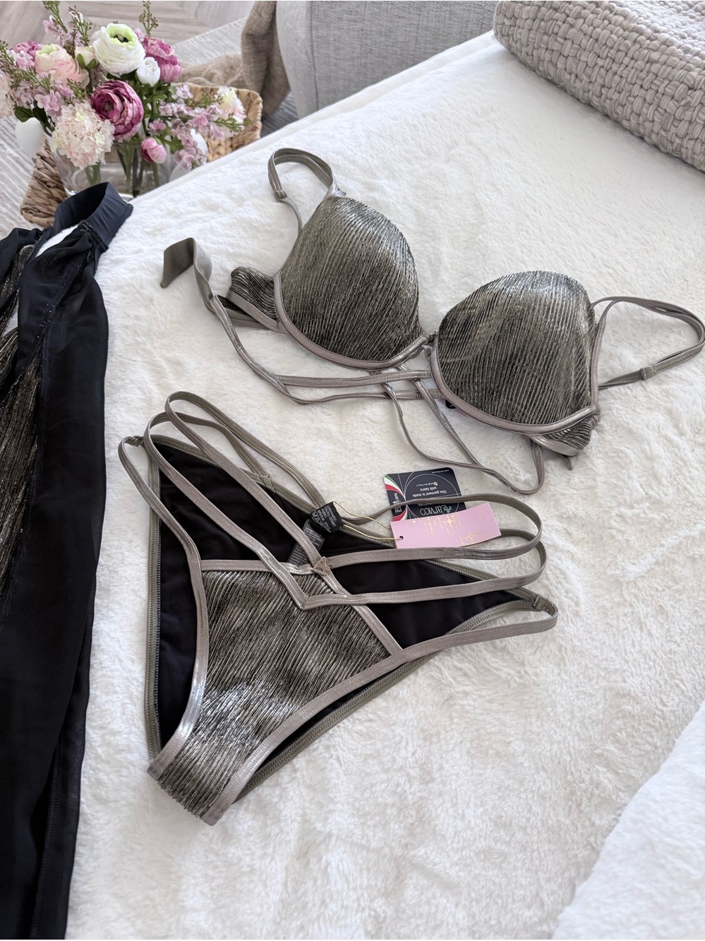 Metallic Taupe Strappy Women's Bikini Set - Push-Up Top & Hipster Bottom & cover